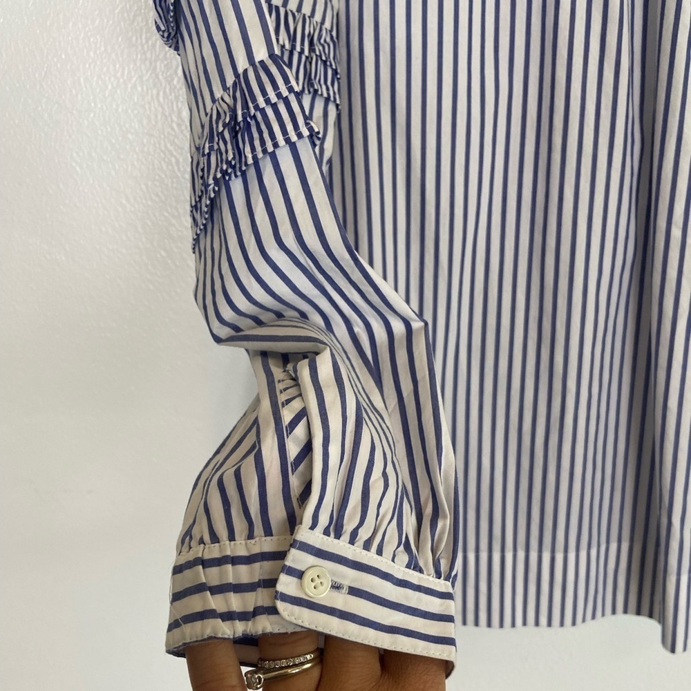 J. Crew Women's Boho Top Stripe Ruffle Size 0 Oversized White & Blue Long Sleeve - Picture 3 of 10